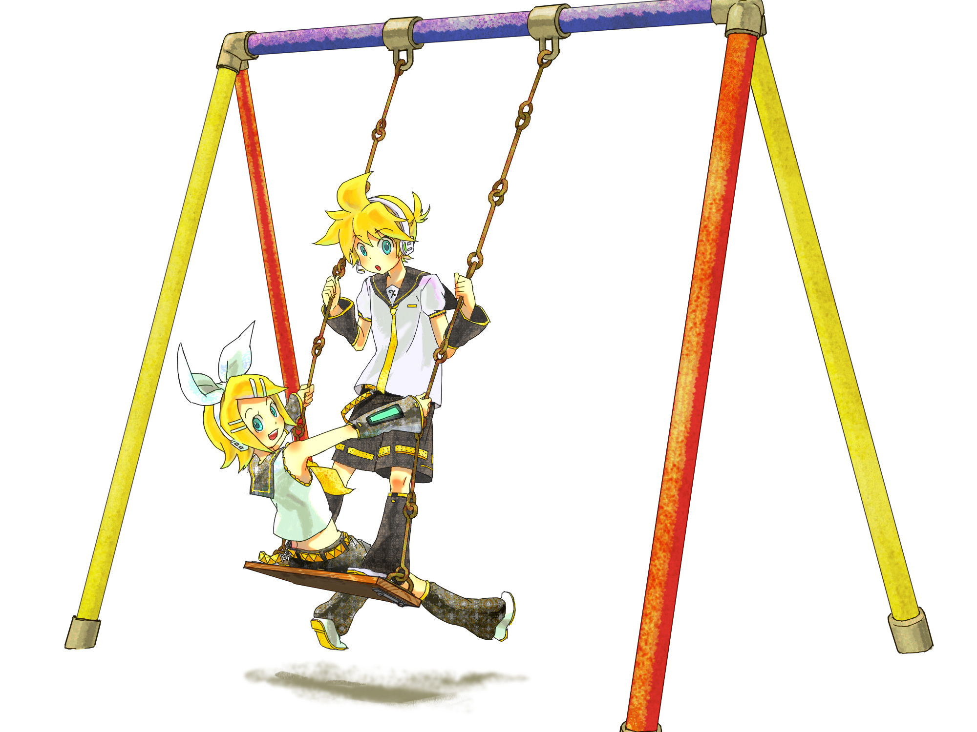 yoneda (datsugoku), kagamine len, kagamine rin, vocaloid, highres, 1boy, 1girl, :d, :o, black leg warmers, blonde hair, blue eyes, bow, crop top, detached sleeves, hair ornament, hairclip, headset, leg warmers, looking at viewer, looking back, neckerchief, necktie, open mouth, ponytail, puffy sleeves, short hair, short ponytail, shorts, sleeveless, smile, swing set, yellow nails, yellow neckerchief, yellow necktie