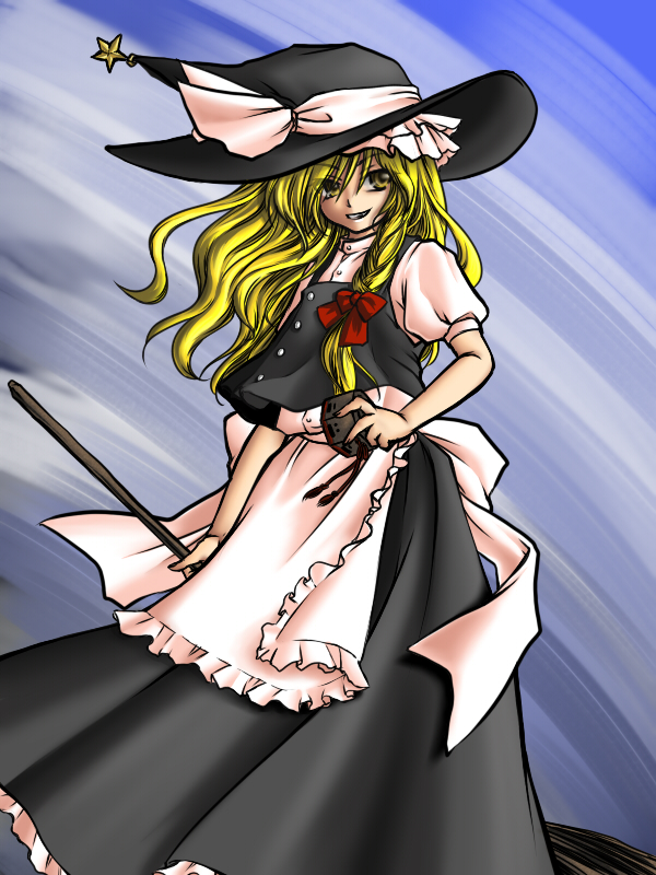 tsukiya sakumi, kirisame marisa, touhou, 1girl, apron, blonde hair, bow, braid, broom, female focus, frills, hat, long hair, simple background, single braid, solo, star (symbol), witch hat, yellow eyes