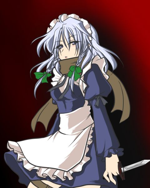tsukiya sakumi, izayoi sakuya, perfect cherry blossom, touhou, silver hair, 1girl, braid, female focus, knife, scarf, short hair, solo, throwing knife, twin braids, weapon