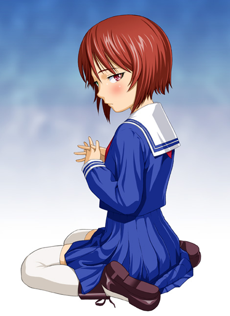 ichikawa masahiro, souseiseki, rozen maiden, 00s, 1girl, brown hair, dress, female focus, gradient background, green eyes, heterochromia, red eyes, school uniform, serafuku, short hair, solo, thighhighs, zettai ryouiki