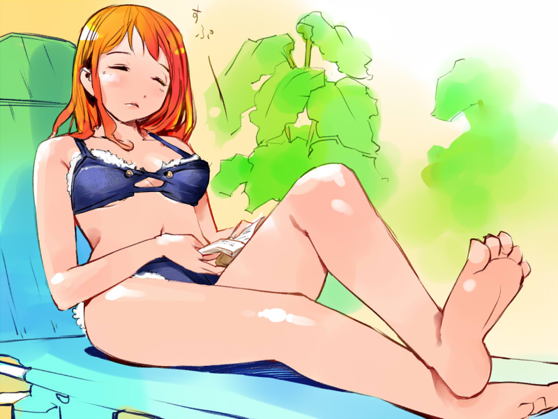 igarashi mangou, original, barefoot, bikini, blue bikini, closed eyes, feet, reading, red hair, soles, solo, swimsuit
