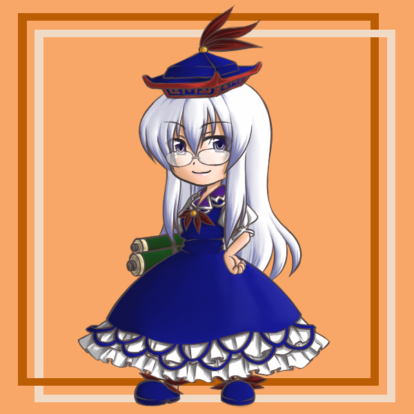 tsukiya sakumi, kamishirasawa keine, touhou, 1girl, bespectacled, blue shoes, chibi, female focus, full body, glasses, shoes, solo
