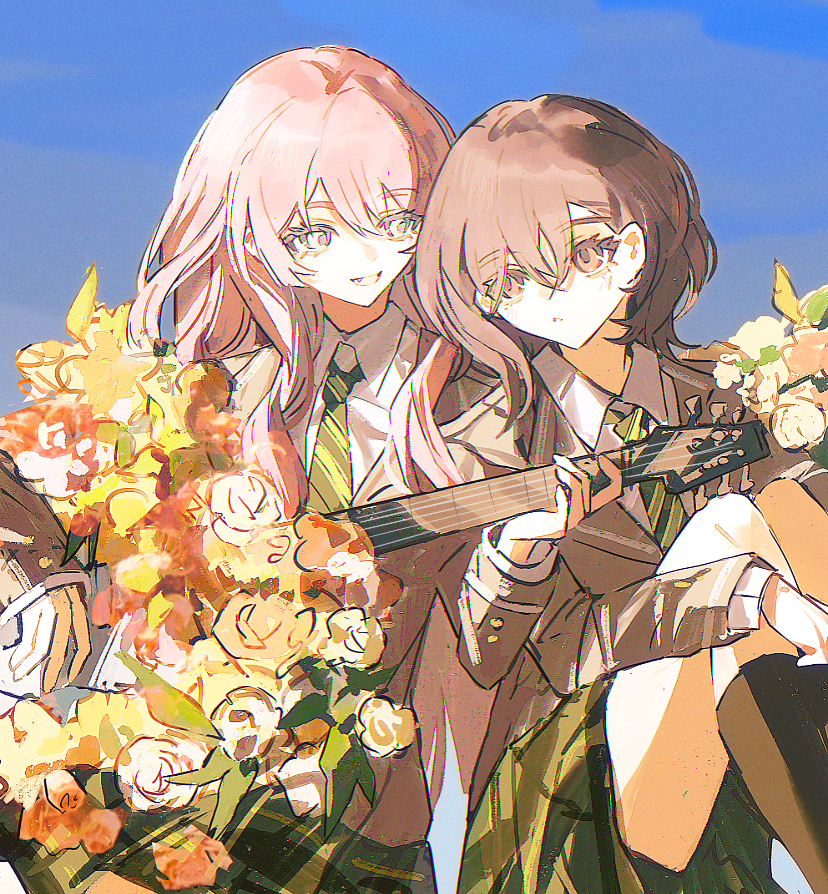 hikawayunn, chihaya anon, takamatsu tomori, bang dream!, bang dream! it's mygo!!!!!, chinese commentary, commentary request, highres, 2girls, black socks, blue background, brown eyes, diagonal-striped clothes, diagonal-striped necktie, fang, flower, green skirt, grey hair, grey jacket, guitar, hair between eyes, haneoka school uniform, holding, holding guitar, holding instrument, instrument, jacket, kneehighs, long hair, long sleeves, multiple girls, music, necktie, pink hair, plaid clothes, plaid skirt, playing guitar, playing instrument, school uniform, short hair, skirt, socks, striped clothes