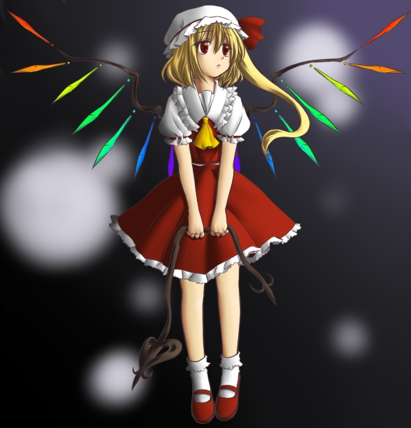 tsukiya sakumi, flandre scarlet, touhou, 1girl, ascot, collar, crystal, dress, female focus, frills, full body, hat, looking afar, looking to the side, mary janes, mob cap, puffy short sleeves, puffy sleeves, red dress, red eyes, shoes, short sleeves, socks, solo, standing, v arms, white socks, wings