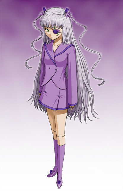 ichikawa masahiro, barasuishou, rozen maiden, silver hair, 00s, 1girl, arms at sides, doll joints, dress, eyepatch, female focus, full body, joints, kneehighs, long sleeves, pink dress, pink socks, school uniform, serafuku, shoes, socks, solo, standing, yellow eyes