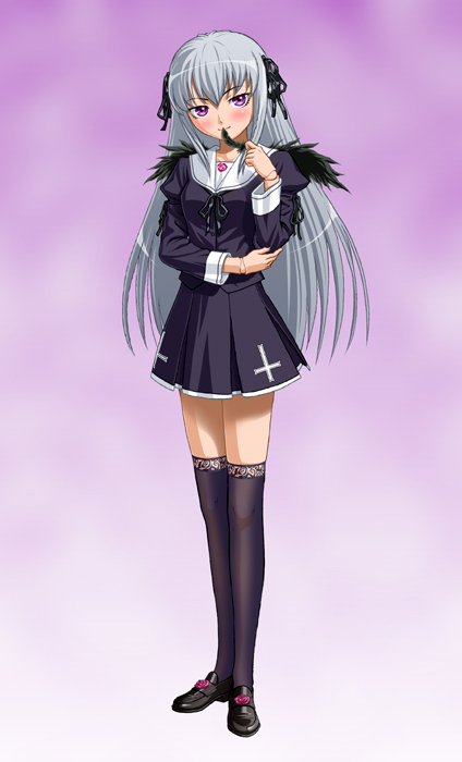 ichikawa masahiro, suigintou, rozen maiden, silver hair, 00s, 1girl, blush, cross, doll joints, feathers, head tilt, inverted cross, joints, latin cross, mary janes, purple eyes, ribbon, school uniform, serafuku, shoes, skirt, smile, standing, thighhighs, wings