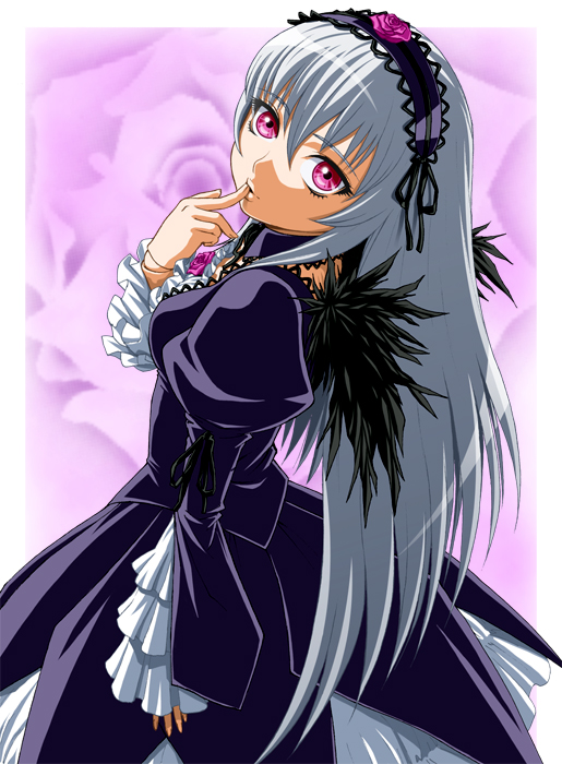 ichikawa masahiro, suigintou, rozen maiden, silver hair, 00s, 1girl, detached collar, doll joints, dress, female focus, finger to mouth, flower, frills, from above, headdress, joints, long hair, looking back, purple eyes, rose, solo, wings