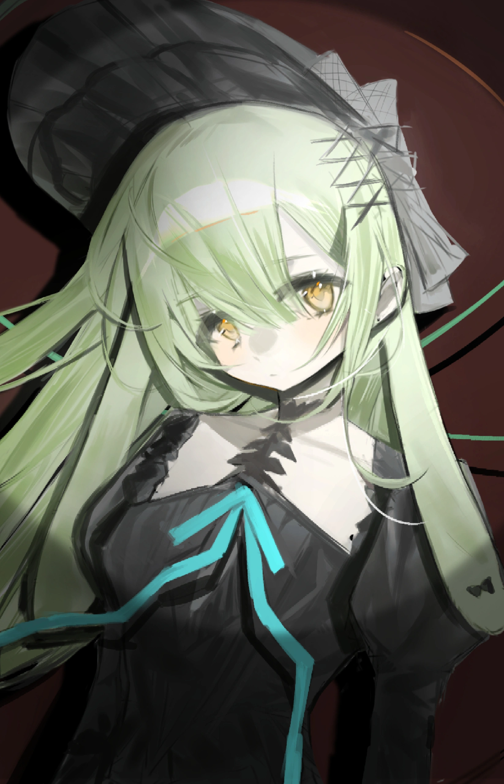 wakaba mutsumi, arknights, bang dream!, bang dream! it's mygo!!!!!, absurdres, chinese commentary, commentary request, highres, 1girl, animal ears, black bonnet, black dress, bonnet, closed mouth, dress, expressionless, floppy ears, gothic lolita, green hair, hair between eyes, hair ornament, juliet sleeves, lolita fashion, long hair, long sleeves, looking at viewer, puffy sleeves, rabbit ears, red background, sidelocks, solo, spotlight, upper body, wakaba mutsumi (marionette's id), x hair ornament, yellow eyes, zheng mifan
