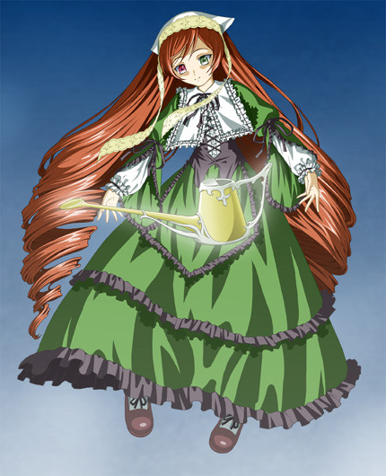 ichikawa masahiro, suiseiseki, rozen maiden, 00s, 1girl, brown hair, corset, dress, drill hair, frills, full body, green dress, green eyes, hat, headscarf, heterochromia, lolita fashion, long hair, long sleeves, red eyes, shoes, simple background, twin drills, twintails, very long hair, watering can, white headscarf