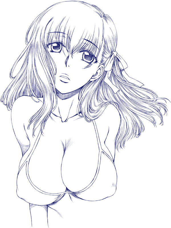 hanzaki jirou, matou sakura, fate/stay night, fate (series), 00s, 1girl, bikini, blue theme, breasts, cleavage, covered erect nipples, female focus, large breasts, long hair, monochrome, parted lips, simple background, solo, swimsuit, upper body, white background