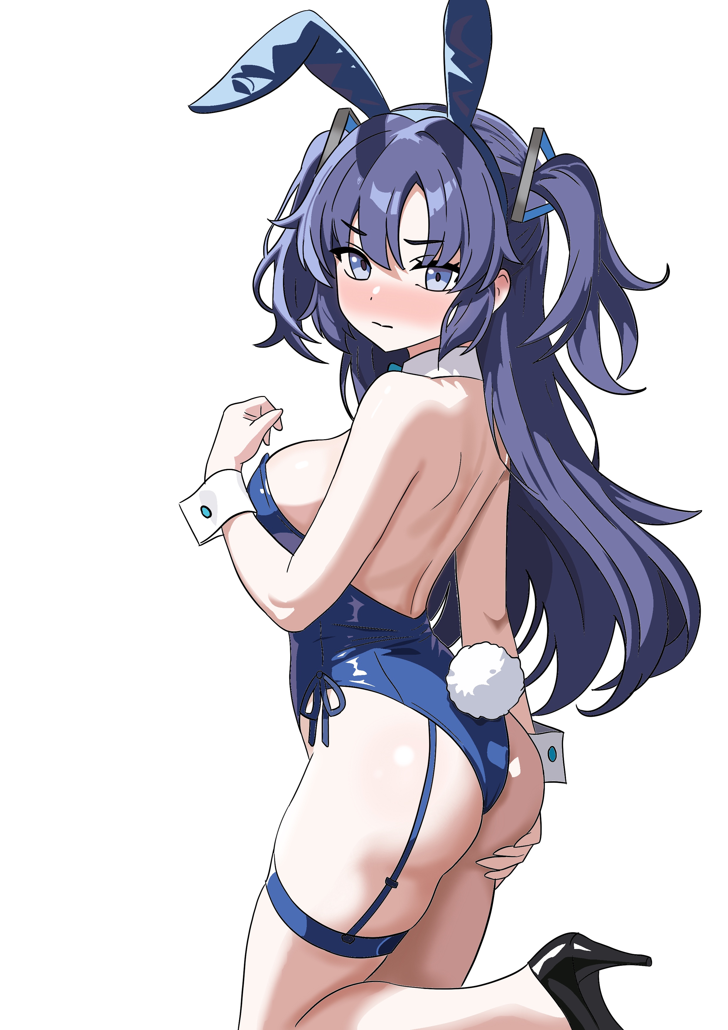 gubee, yuuka (blue archive), blue archive, absurdres, commentary, commission, english commentary, highres, pixiv commission, 1girl, alternate costume, animal ear hairband, animal ears, arm at side, ass, back, black shoes, blue eyes, blue hairband, blue leotard, blush, breasts, clenched hand, closed mouth, curvy, detached collar, embarrassed, eyelashes, fake animal ears, foot out of frame, from behind, grabbing own ass, hair between eyes, hair ornament, hairband, hand up, high heels, highleg, highleg leotard, large breasts, leotard, long hair, looking at viewer, nose blush, playboy bunny, purple hair, rabbit ears, rabbit tail, shoes, sideboob, sidelocks, skindentation, solo, split mouth, standing, standing on one leg, strapless, strapless leotard, tail, thigh strap, thighs, triangle hair ornament, two side up, v-shaped eyebrows, very long hair, white wrist cuffs, wrist cuffs