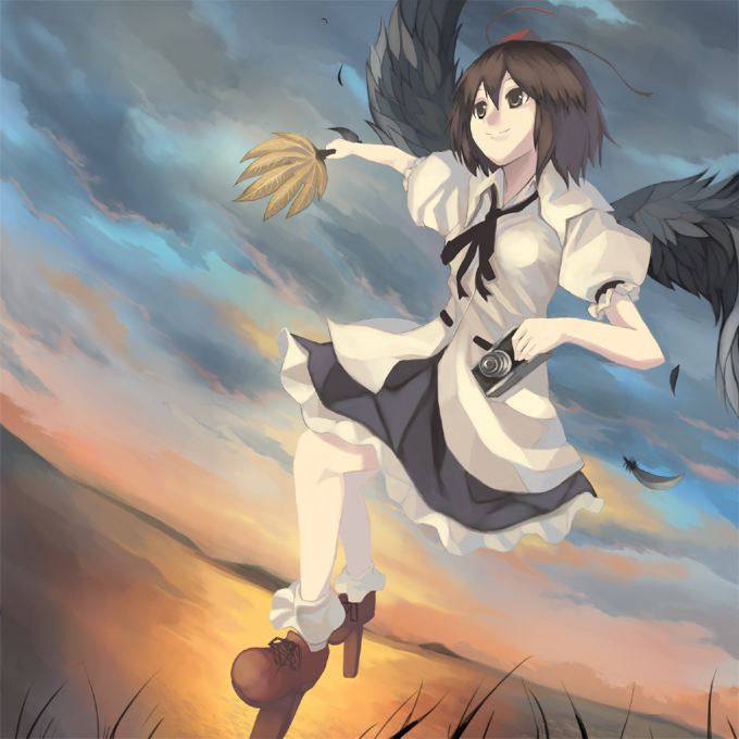 ken (coffee michikusa), shameimaru aya, touhou, 1girl, camera, female focus, geta, hat, looking at viewer, solo, sunset, tengu-geta