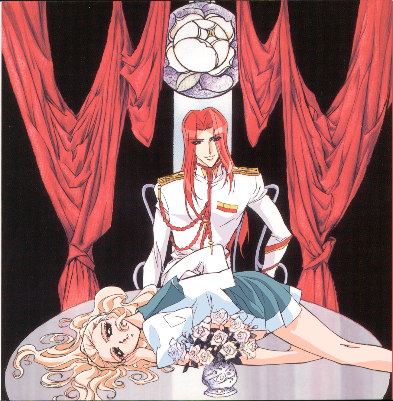 kiryuu nanami, kiryuu touga, shoujo kakumei utena, highres, official art, 1990s (style), 1boy, 1girl, aiguillette, bishounen, brother and sister, cover, dvd cover, flower, lying, retro artstyle, rose, siblings, table