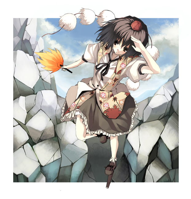 ken (coffee michikusa), shameimaru aya, touhou, 1girl, female focus, geta, hat, looking at viewer, smile, solo, tengu-geta