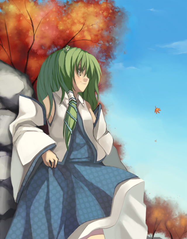 ken (coffee michikusa), kochiya sanae, touhou, 1girl, autumn, autumn leaves, blue skirt, blue sky, day, detached sleeves, female focus, green eyes, green hair, leaf, long sleeves, looking back, matching hair/eyes, nontraditional miko, outdoors, plant, skirt, sky, solo, standing, tree