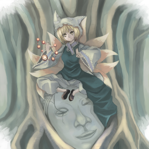 ken (coffee michikusa), yakumo ran, touhou, 1girl, animal ears, animal hat, blonde hair, female focus, fox ears, fox tail, hat, looking at viewer, mob cap, multiple tails, ofuda, plant, shirt, short hair, solo, standing, statue, tabard, tail, tree, white shirt