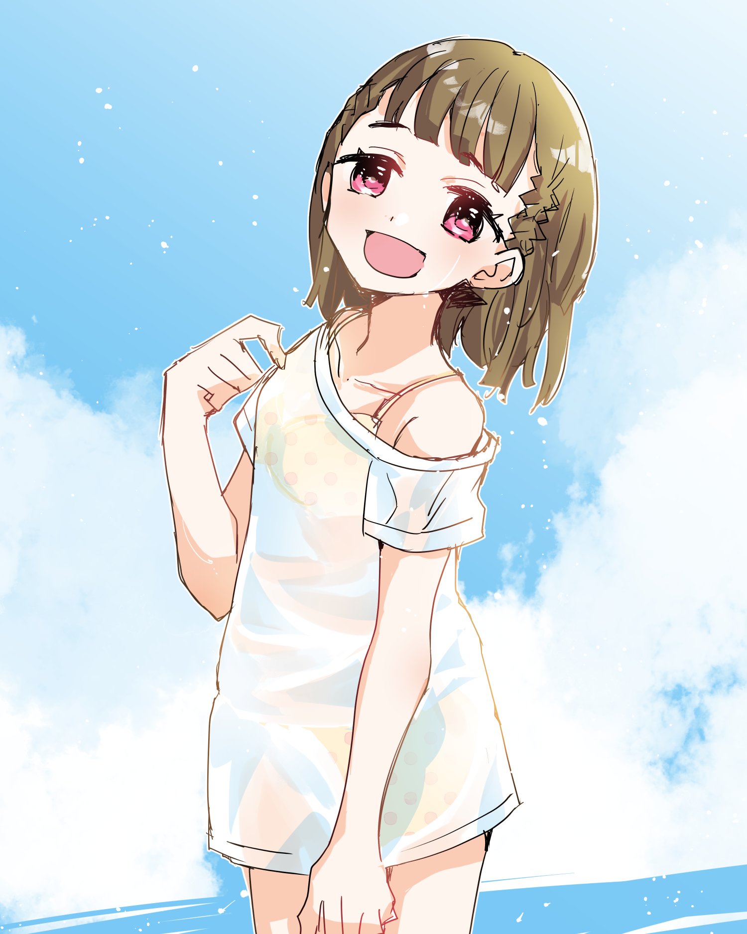 kanduki kamibukuro, kachimachi kosuzu, link! like! love live!, love live!, commentary request, highres, 1girl, :d, alternate costume, bare shoulders, bikini, bikini under clothes, blue sky, braid, breasts, brown hair, center-flap bangs, cloud, collarbone, cowboy shot, looking at viewer, off shoulder, open mouth, pink eyes, polka dot, polka dot bikini, see-through clothes, see-through shirt, shirt, short sleeves, side braids, sky, small breasts, smile, solo, swimsuit, virtual youtuber, wading, white shirt, yellow bikini