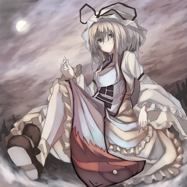 ken (coffee michikusa), yakumo yukari, touhou, bad id, bad pixiv id, 1girl, armlet, brown eyes, cloud, cloudy sky, dress, female focus, full body, full moon, jewelry, loafers, long sleeves, looking at viewer, moon, shoes, sidelocks, sitting, sky, solo, tabard, white dress