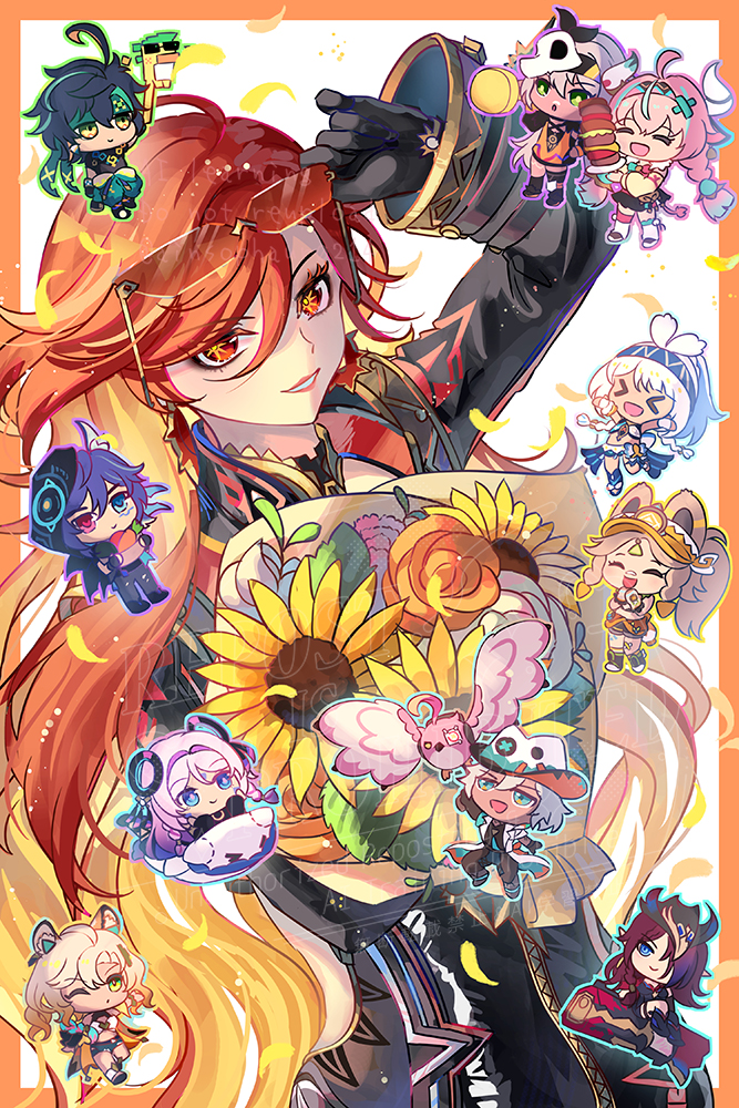 maron star, ajaw (genshin impact), cacucu, chasca (genshin impact), citlali (genshin impact), citlalin (genshin impact), iansan (genshin impact), ifa (genshin impact), kachina (genshin impact), kinich (genshin impact), mavuika (genshin impact), mualani (genshin impact), ororon (genshin impact), varesa (genshin impact), xilonen (genshin impact), genshin impact, 3boys, 6+girls, biker clothes, bikesuit, black gloves, black jacket, bodysuit, border, bouquet, chibi, closed eyes, earrings, flower, gloves, hair between eyes, hair over one eye, holding, holding removed eyewear, jacket, jewelry, looking at viewer, multicolored hair, multiple boys, multiple girls, one eye closed, open mouth, orange border, orange eyes, orange hair, red-tinted eyewear, red hair, smile, sunflower, symbol in eye, tinted eyewear, unworn eyewear, upper body, white background