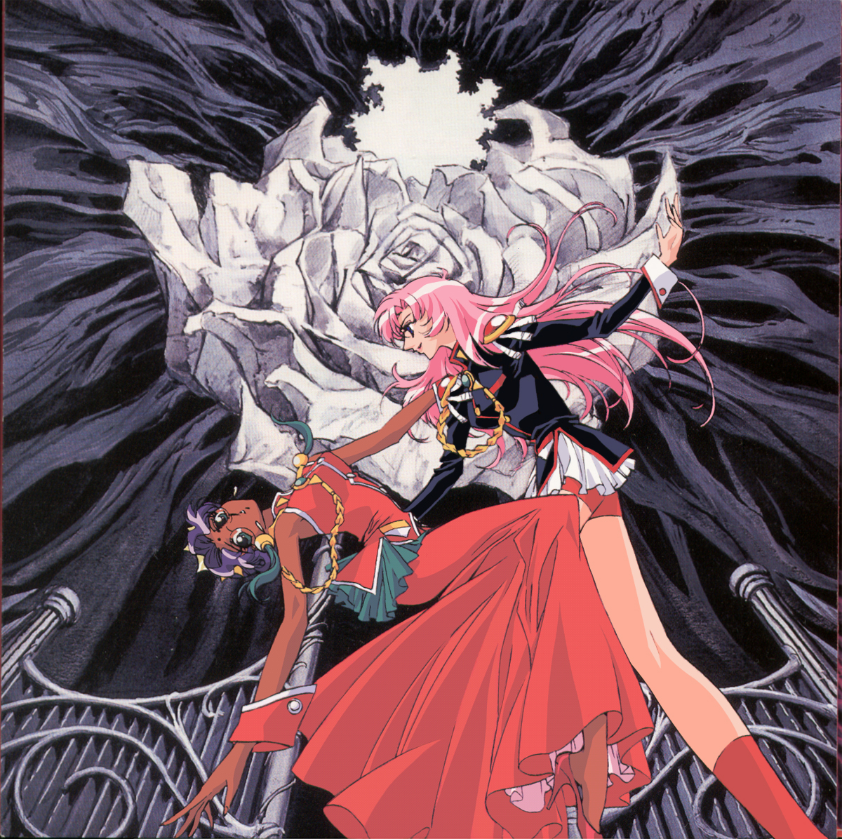 himemiya anthy, tenjou utena, shoujo kakumei utena, 1990s (style), 2girls, aiguillette, dancing, dark-skinned female, dark skin, dress, flower, high collar, multiple girls, parted bangs, retro artstyle, rose, socks, standing, white flower, white rose