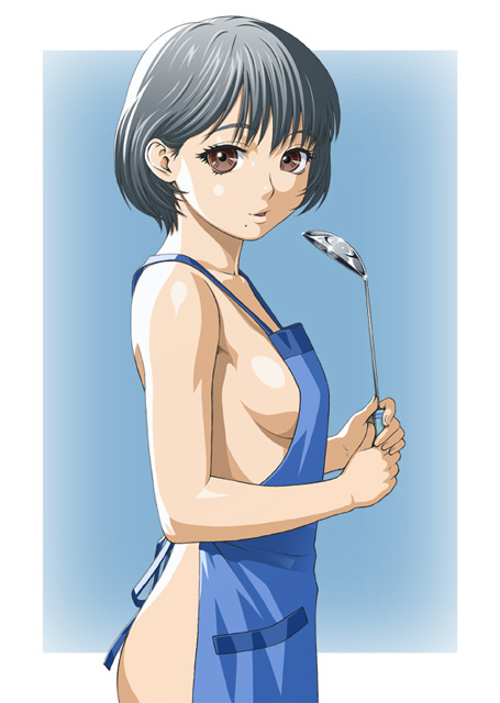 ichikawa masahiro, original, 1girl, apron, breasts, female focus, medium breasts, naked apron, sideboob, solo