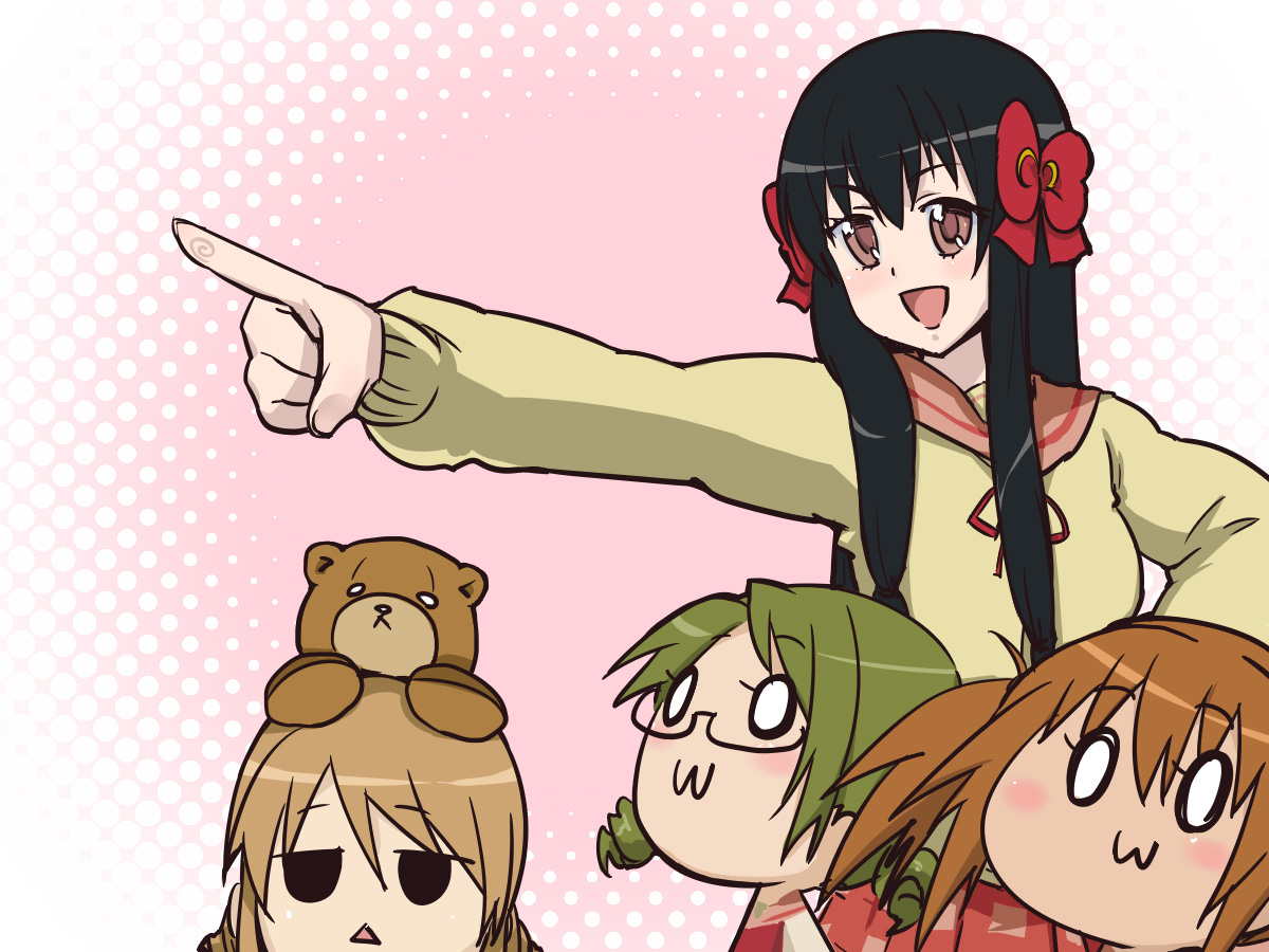 scotch (blaze), byakudan kagome, hyuuga kizuna, minamoto chikaru, natsume remon, strawberry panic!, 00s, 4girls, :3, :d, animal, bear, black hair, brown eyes, closed eyes, empty eyes, expressionless, glasses, hair ribbon, jitome, long sleeves, multiple girls, o o, open mouth, oshibaru, outstretched arm, pointing, pointing forward, red ribbon, ribbon, rimless eyewear, sidelocks, smile, triangle mouth, u u