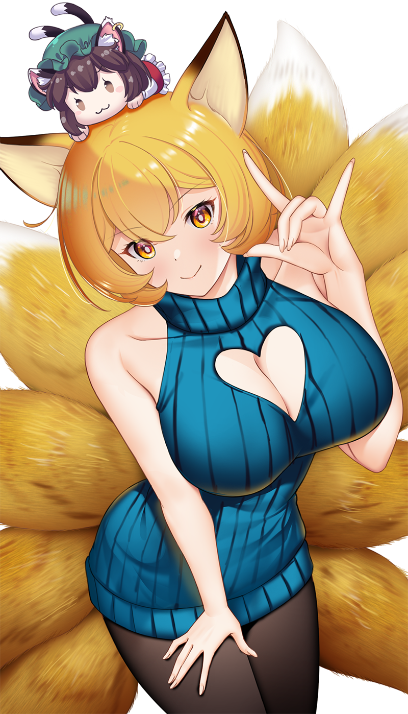 hataraki kuma, chen, yakumo ran, touhou, commentary request, highres, 2girls, :3, alternate costume, animal ear fluff, animal ears, bare shoulders, black pantyhose, blonde hair, breasts, brown eyes, cat ears, cat girl, cat tail, chibi, cleavage, closed mouth, clothing cutout, collarbone, cowboy shot, crossed bangs, dot nose, double-parted bangs, dress, dutch angle, earrings, fingernails, fox ears, fox girl, fox shadow puppet, frills, green hat, hand on own thigh, hand up, hat, heart cutout, jewelry, kitsune, large breasts, legs together, looking at viewer, multiple girls, multiple tails, pantyhose, shadow, simple background, single earring, smile, sweater, sweater dress, tail, white background, yellow eyes