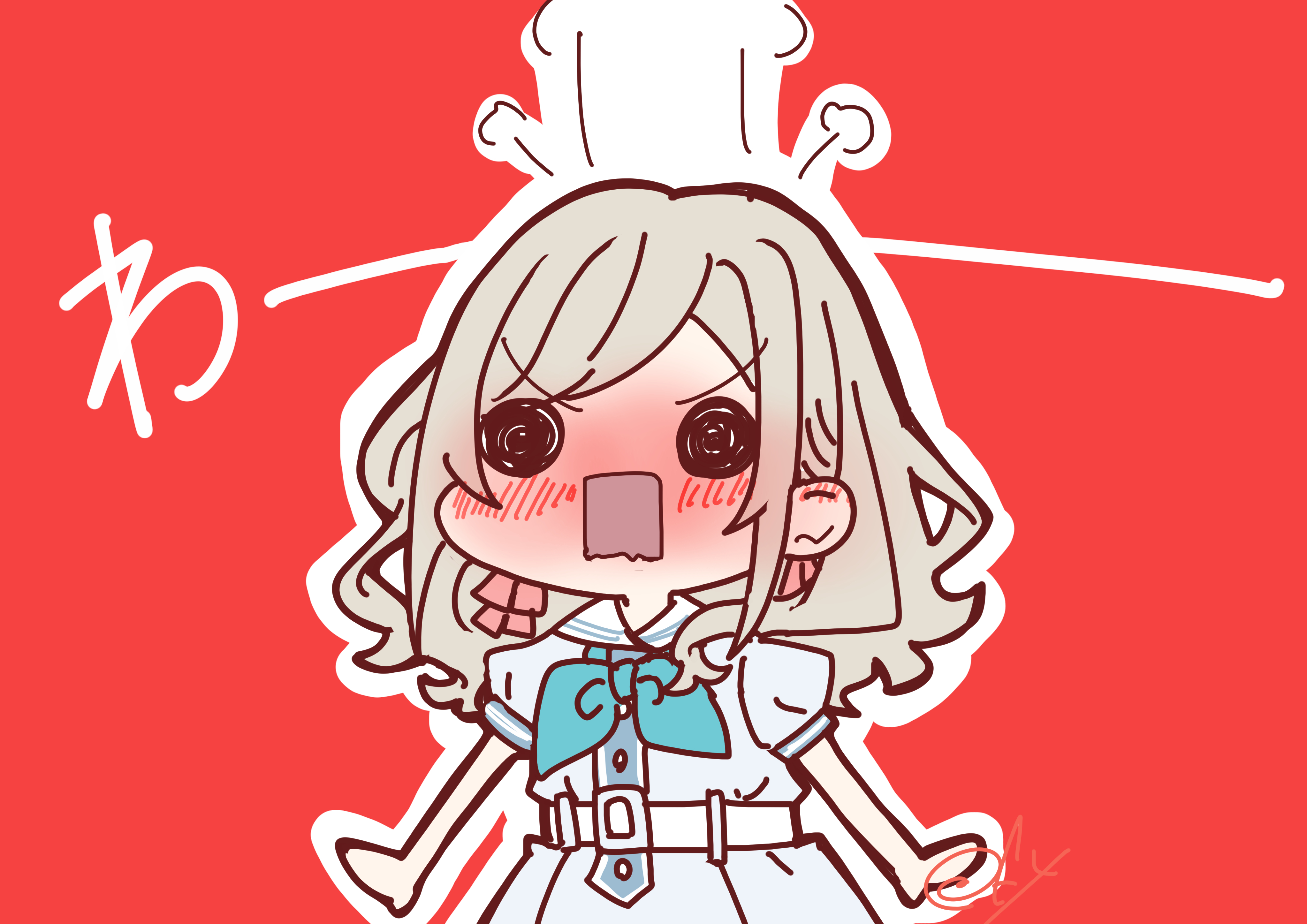 oofushi ao, ceras yanagida lilienfeld, link! like! love live!, love live!, absurdres, commentary, hashtag-only commentary, highres, 1girl, aqua neckerchief, blush, chibi, chibi only, dress, embarrassed, full-face blush, grey hair, hair ribbon, neckerchief, open mouth, outline, pink ribbon, puffy short sleeves, puffy sleeves, red background, ribbon, sailor collar, sailor dress, short sleeves, signature, simple background, solid circle eyes, solo, v-shaped eyebrows, virtual youtuber, white dress, white outline, white sailor collar