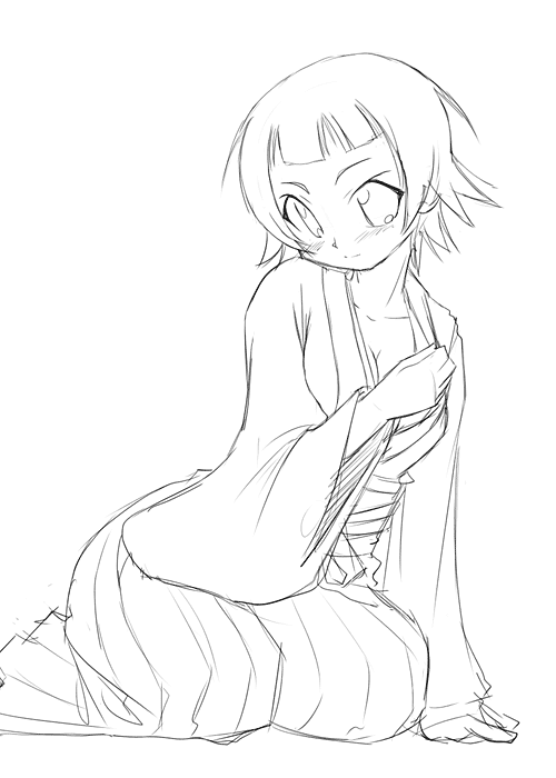 hirorin, nekono matatabi, tsunetsuki matoi, sayonara zetsubou sensei, 00s, 1girl, arm support, breasts, cleavage, clothes grab, female focus, greyscale, hakama, hakama skirt, japanese clothes, kimono, kneeling, lineart, monochrome, seiza, short hair, sitting, sketch, skirt, solo