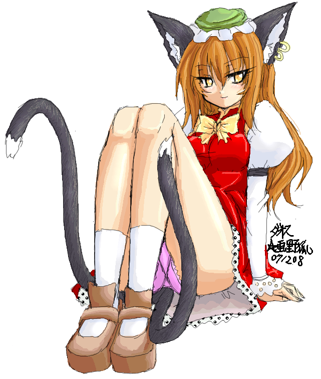 enoko (zqfebi), chen, touhou, 1girl, aged up, alternate hair length, alternate hairstyle, animal ears, cat ears, cat girl, cat tail, earrings, female focus, grownup, hat, jewelry, long hair, multiple tails, orange hair, panties, pink panties, simple background, solo, tail, underwear, upskirt, yellow eyes