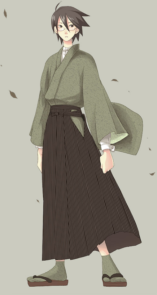 haru (fiction), itoshiki nozomu, sayonara zetsubou sensei, 00s, 1boy, brown hair, glasses, hakama, hakama skirt, japanese clothes, male focus, simple background, skirt, solo, tabi