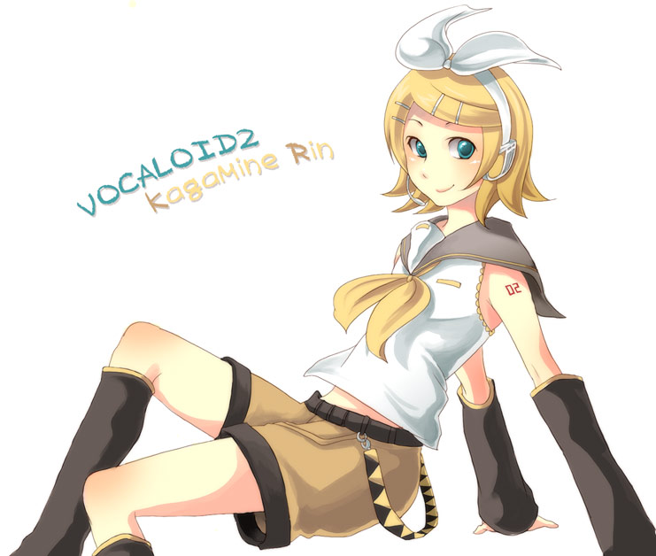 haru (fiction), kagamine rin, vocaloid, blonde hair, detached sleeves, green eyes, hairband, kneehighs, midriff, short hair, shorts, socks, solo