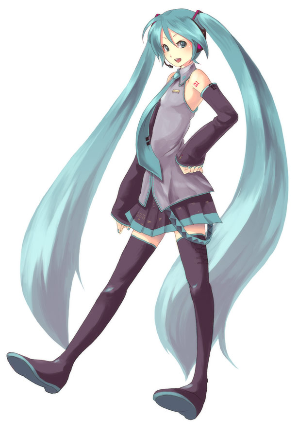 haru (fiction), hatsune miku, vocaloid, bare shoulders, blue eyes, blue hair, detached sleeves, long hair, necktie, skirt, solo, thighhighs, twintails, zettai ryouiki
