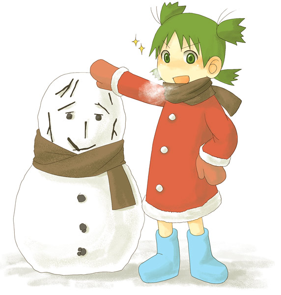 haru (fiction), koiwai yotsuba, yotsubato!, boots, breath, child, coat, green eyes, green hair, quad tails, scarf, short hair, snowman, solo