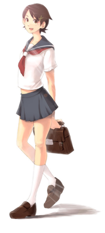 haru (fiction), fuura kafuka, sayonara zetsubou sensei, 00s, bag, briefcase, brown eyes, brown hair, midriff, school bag, school briefcase, school uniform, serafuku, short hair, solo