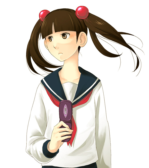 haru (fiction), otonashi meru, sayonara zetsubou sensei, 00s, brown eyes, brown hair, cellphone, phone, school uniform, serafuku, solo, twintails
