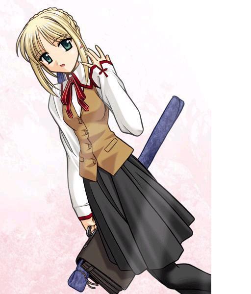 artoria pendragon (fate), saber (fate), fate/stay night, fate (series), jpeg artifacts, non-web source, 00s, bag, black pantyhose, blonde hair, green eyes, homurabara academy school uniform, pantyhose, school bag, school uniform, serafuku, short hair, solo
