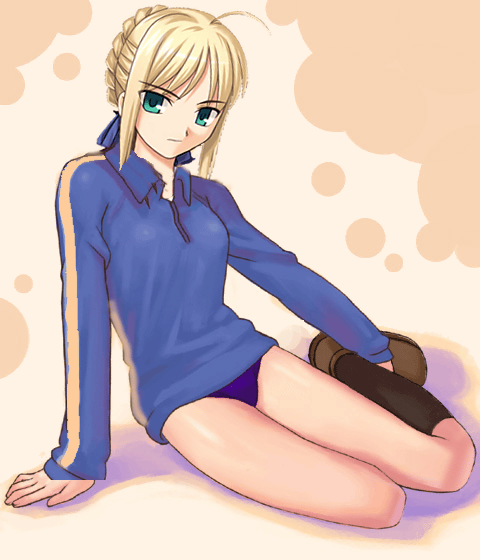 artoria pendragon (fate), saber (fate), fate/stay night, fate (series), non-web source, 00s, 1girl, alternate costume, aqua eyes, blonde hair, female focus, gym uniform, jacket, sitting, solo, track jacket