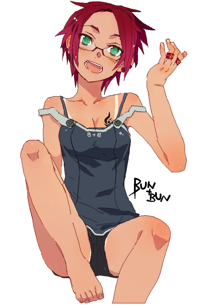 1girl, barefoot, breasts, cleavage, feet, female focus, glasses, head tilt, jewelry, looking at viewer, oekaki, one-piece swimsuit, one-piece tan, open mouth, ring, shorts, solo, swimsuit, tan, tanline