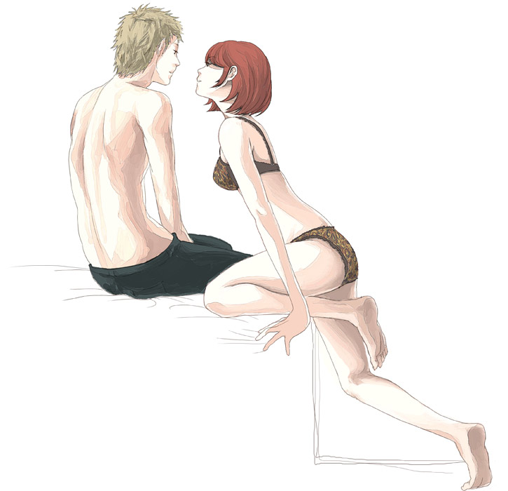 haru (fiction), original, 1boy, 1girl, bed, bra, couple, hetero, lingerie, panties, red hair, short hair, underwear, underwear only