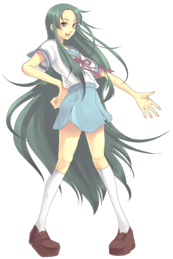 haru (fiction), tsuruya, suzumiya haruhi no yuuutsu, 00s, 1girl, :d, bad proportions, belt, blue skirt, brown shoes, fang, female focus, full body, green eyes, green hair, hand on own hip, kneehighs, legs apart, long hair, looking at viewer, open mouth, outstretched arm, school uniform, serafuku, shoes, short sleeves, simple background, skirt, smile, socks, solo, standing, very long hair, white background, white socks