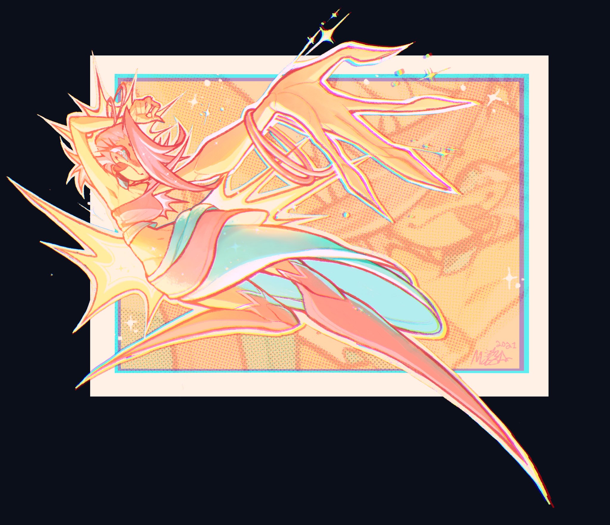 gooseworx, 1girl, breasts, cleavage, colored skin, hair over one eye, multicolored eyes, no feet, pink hair, poses, skirt, supernova (star), supernova shakedown, thighhighs, yellow skin