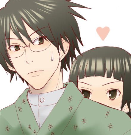 yuutarou, itoshiki nozomu, tsunetsuki matoi, sayonara zetsubou sensei, lowres, 00s, 1boy, 1girl, brown eyes, brown hair, danboru, glasses, heart, short hair, stalking, staring