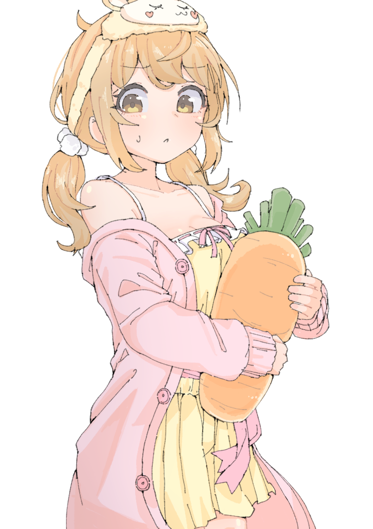 mizuame bakuhatsu, inaba haneru (animare), nanashi inc., 1girl, :<, bare shoulders, blonde hair, breasts, buttons, carrot, cleavage, closed mouth, collarbone, cowboy shot, dress, frilled dress, frills, furrowed brow, hair ornament, holding, holding carrot, inaba haneru (6th costume) (animare), jacket, jacket partially removed, long hair, long sleeves, low twintails, mask, mask on head, medium breasts, off shoulder, open clothes, open jacket, pink jacket, pom pom (clothes), pom pom hair ornament, short dress, simple background, sleep mask, sleeveless, sleeveless dress, solo, spaghetti strap, sundress, sweatdrop, swept bangs, twintails, virtual youtuber, white background, yellow dress, yellow eyes