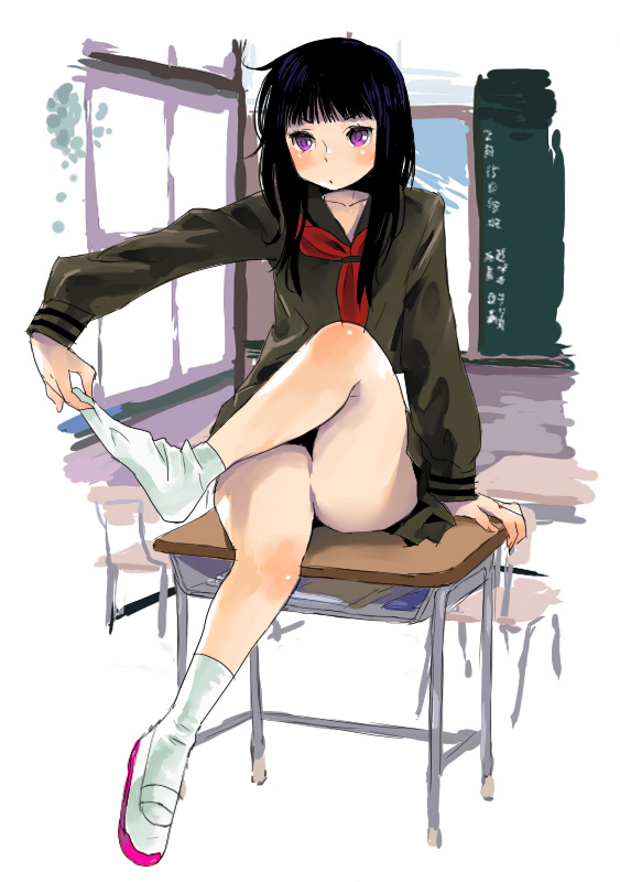 mago, original, bad id, bad pixiv id, 1girl, black hair, blush, classroom, crossed legs, desk, feet, female focus, indoors, legs, long hair, on desk, purple eyes, school, school desk, school uniform, serafuku, shoes, single shoe, sitting, sock pull, socks, solo