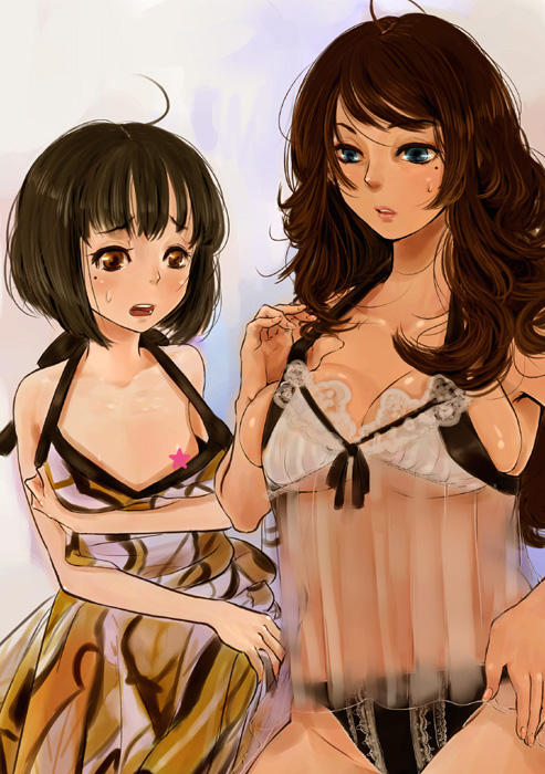 kito (coyo), original, bad id, bad pixiv id, 2girls, age difference, blue eyes, blush, breast envy, breasts, brown eyes, brown hair, censored, dark-skinned female, dark skin, flat chest, large breasts, lingerie, lips, loli, long hair, looking at breasts, mole, mole under eye, multiple girls, negligee, onee-loli, oversized clothes, see-through clothes, tan, underwear, wavy hair, yuri