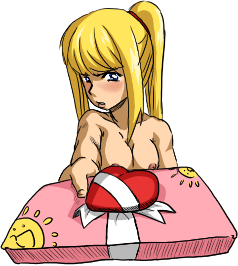 samus aran, metroid, nintendo, 1girl, blonde hair, blush, breasts, completely nude, female focus, gift, holding, holding gift, medium breasts, nipples, nude, ponytail, solo, tsundere, valentine