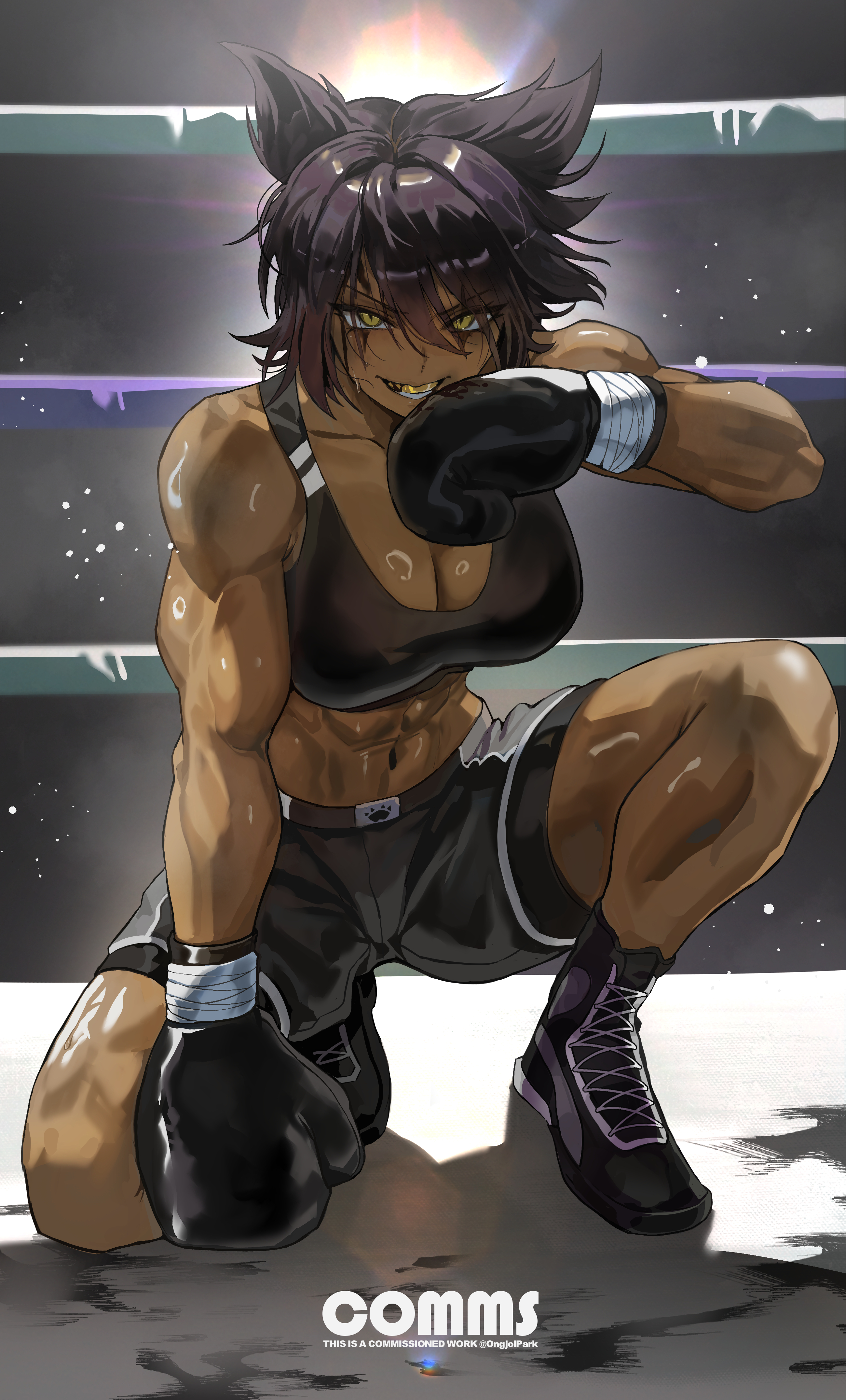 park ongjol, leila (awastedninja), original, absurdres, commentary, commission, english commentary, highres, 1girl, abs, black sports bra, boxing gloves, boxing ring, breasts, dark-skinned female, dark skin, muscular, muscular female, short hair, shorts, smile, solo, sports bra, yellow eyes
