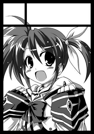boshinote, takamachi nanoha, lyrical nanoha, mahou shoujo lyrical nanoha, lowres, 00s, 1girl, black border, border, circle cut, female focus, greyscale, monochrome, solo