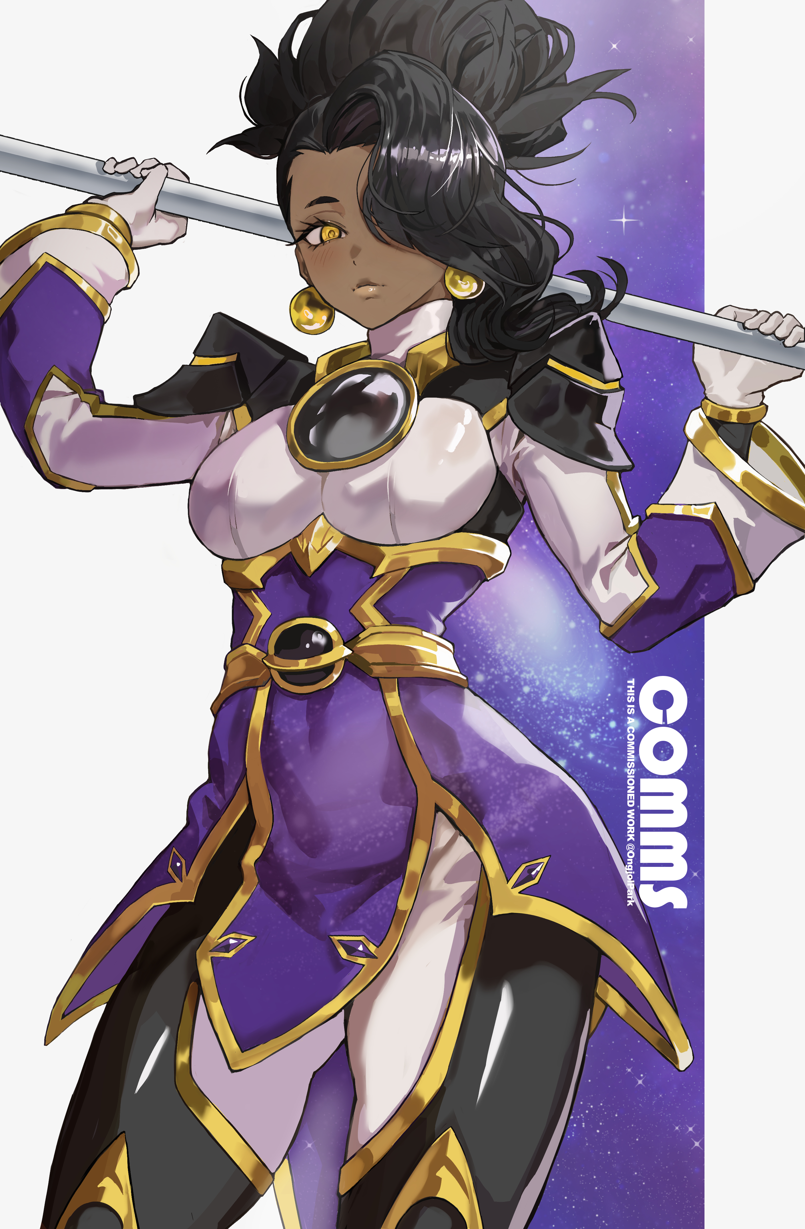 park ongjol, laura burrell (k.r. starman), kamen rider, original, absurdres, commentary, commission, english commentary, highres, 1girl, black gemstone, black hair, black pants, blush, borrowed character, breasts, brooch, closed mouth, cowboy shot, curtained hair, dark-skinned female, dark skin, earrings, gem, gloves, gold belt, gold earrings, gold trim, holding, holding staff, jewelry, pants, solo, staff, yellow eyes